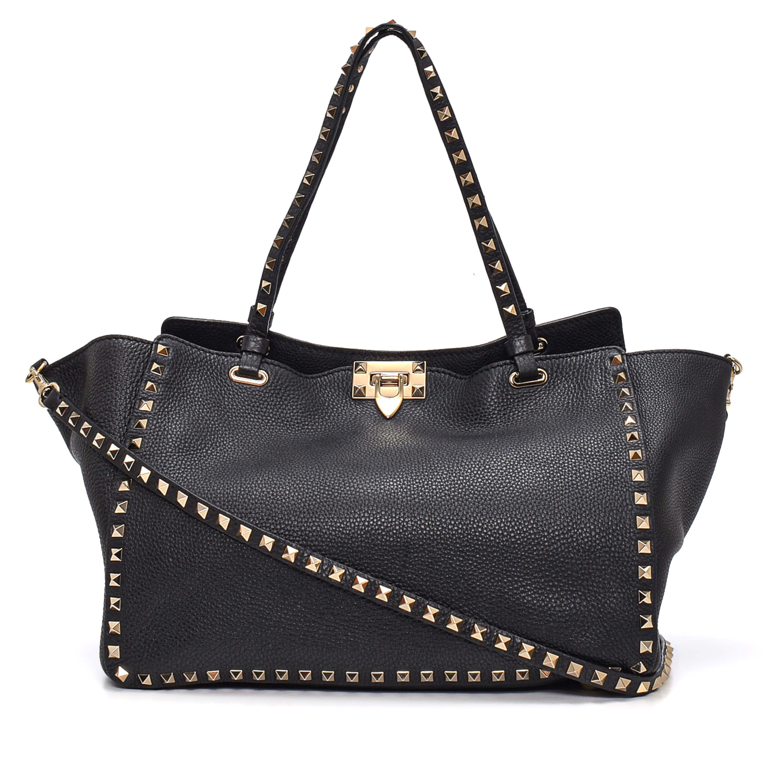 Valentino - Black Grained Leather Rockstud Large Trapeze Bag